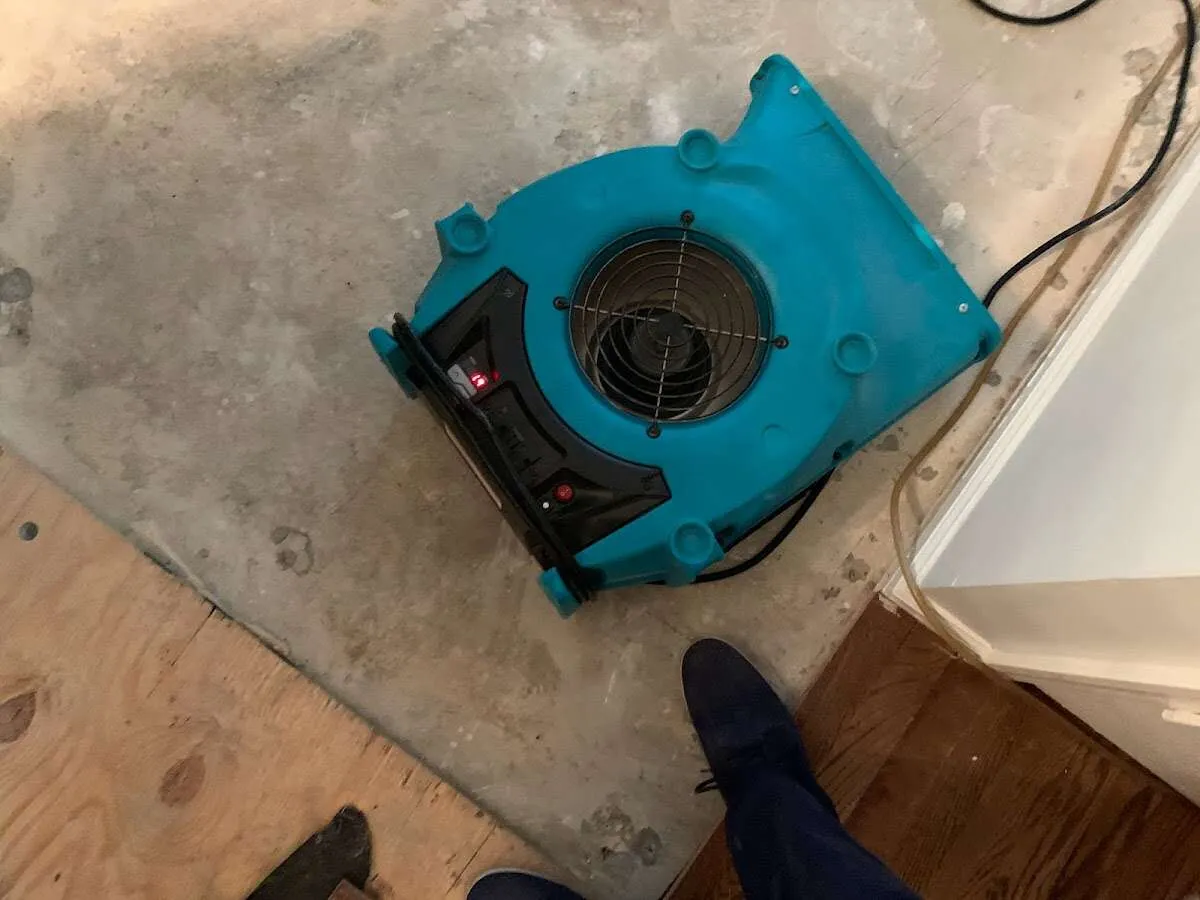 Air mover drying subfloor during Leak Detection & Repair in Alamo